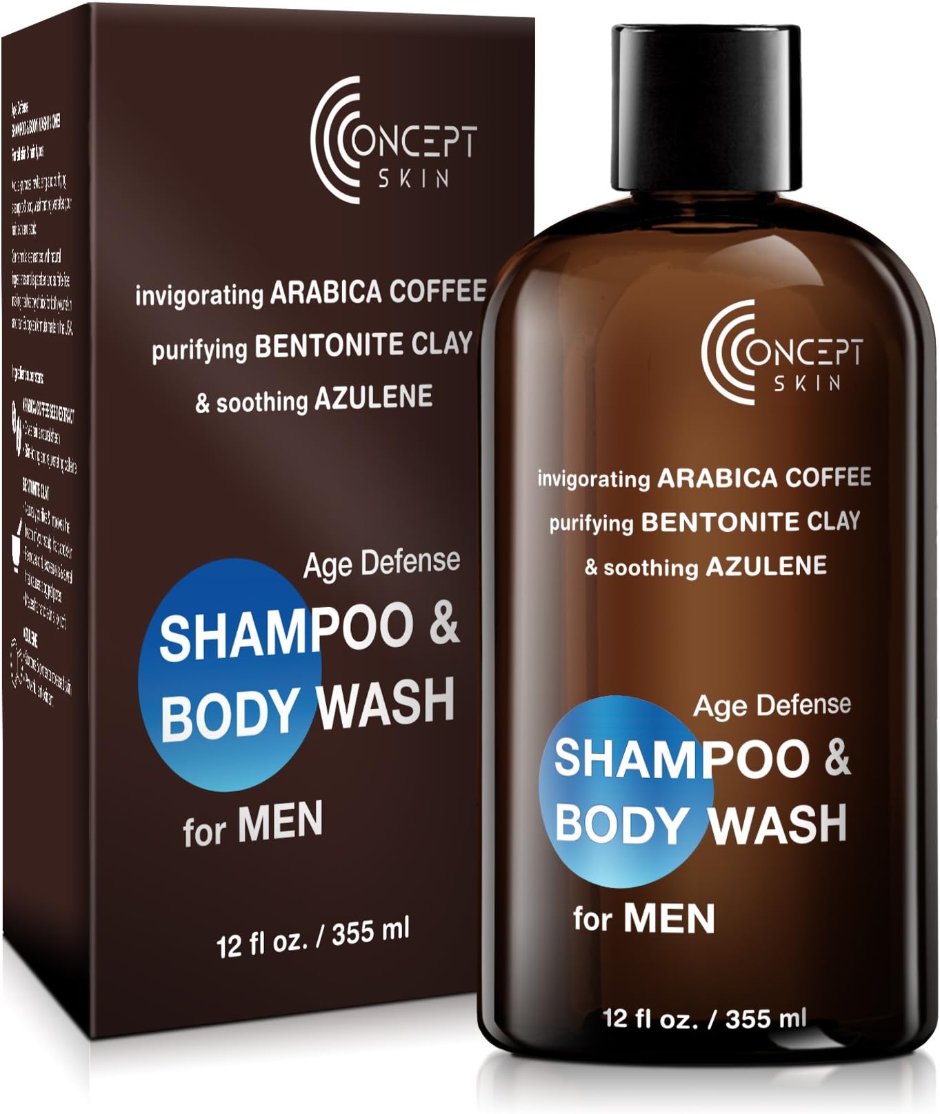 Mens Caffeine Shampoo & Body Wash Combo, Best Natural Treatment for Hairloss, Soothing for Sensitive Scalp & Skin, Anti Itch. Green Coffee Bean, Bentonite Clay, Chamomile - Paraben & Sulfate Free