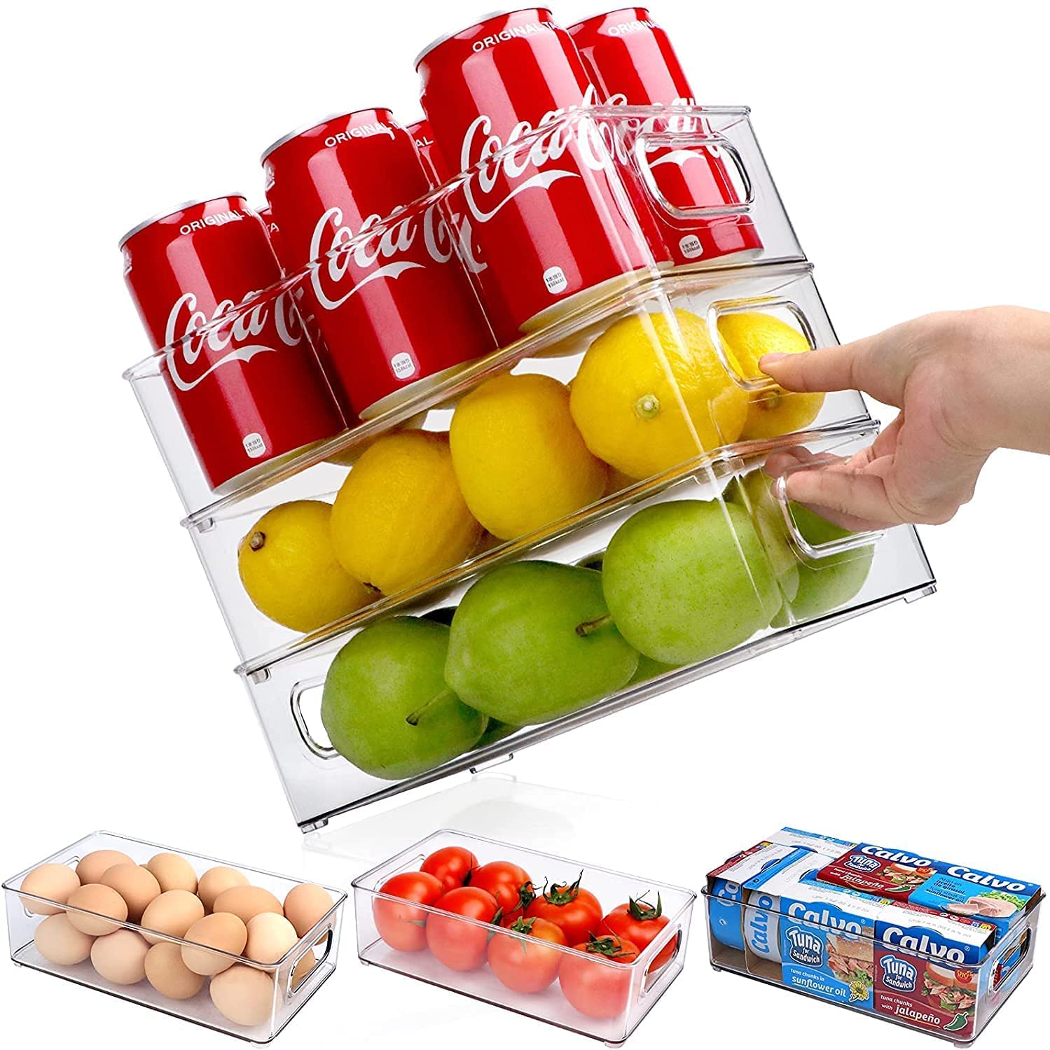 Relaxdays 3 Organizer Per Frigorifero Trasparenti – Cestini Con Maniglie 25x18x10.5 Cm, In PET Senza BPA, Per Alimenti E Detergenti, Set Da 3