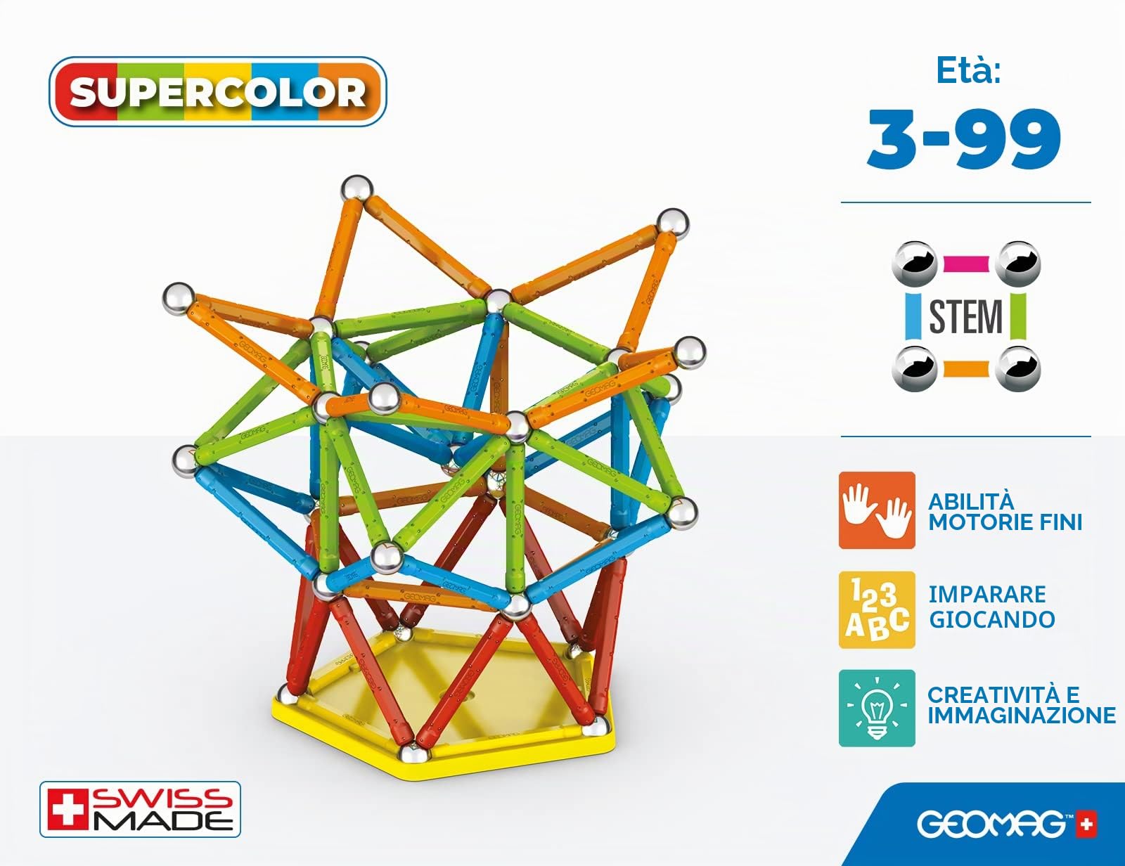 Geomag Classic Supercolor Recycled 142, Costruzioni Magnetiche, Barrette e Pannelli Colorati, Confezione da 142 Pezzi, Plastica 100% Riciclata
