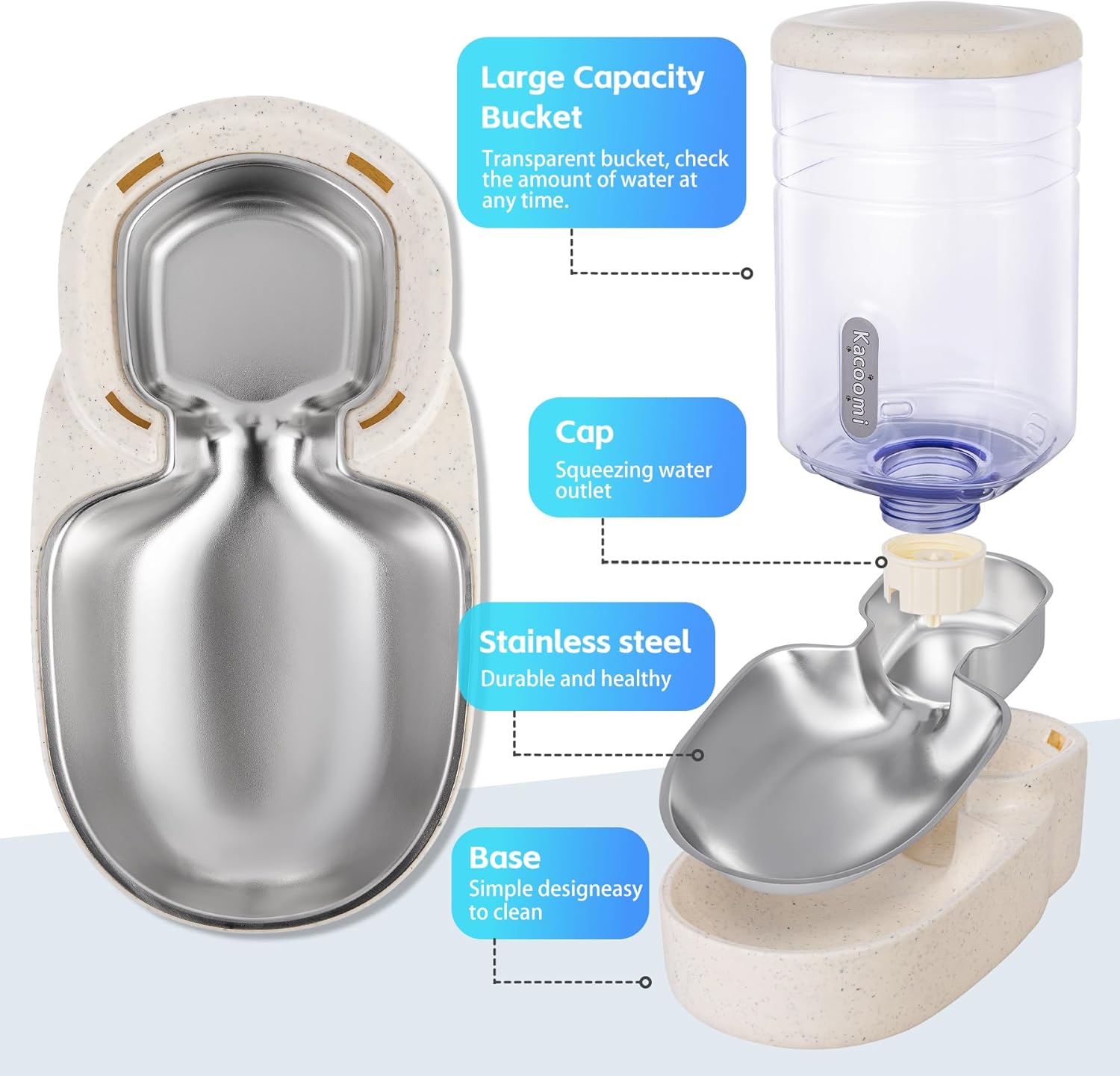 Automatic Cat Feeder and Water Dispenser with Stainless Steel Bowl Gravity Food Feeder and Waterer Set for Small Medium Dog Puppy Kitten 1 Gallon x 2(Beige)