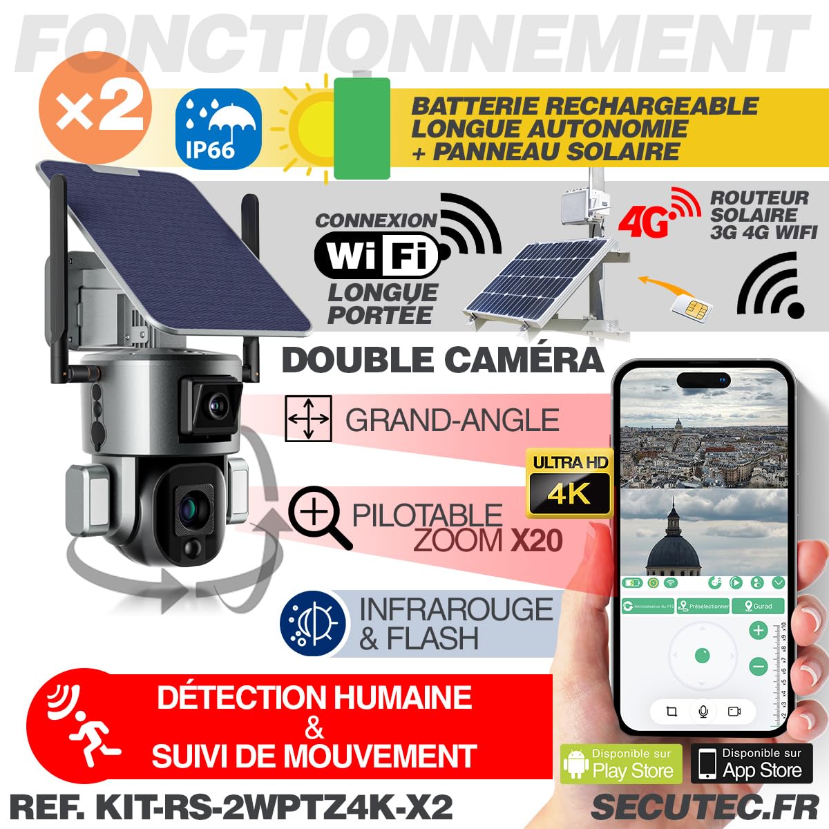 Kit vidéosurveillance Solaire 3G/4G Autonome 4K, caméras WiFi, Zoom X20, détection de Mouvement, Alarme et sirène, microSD 128 Go.