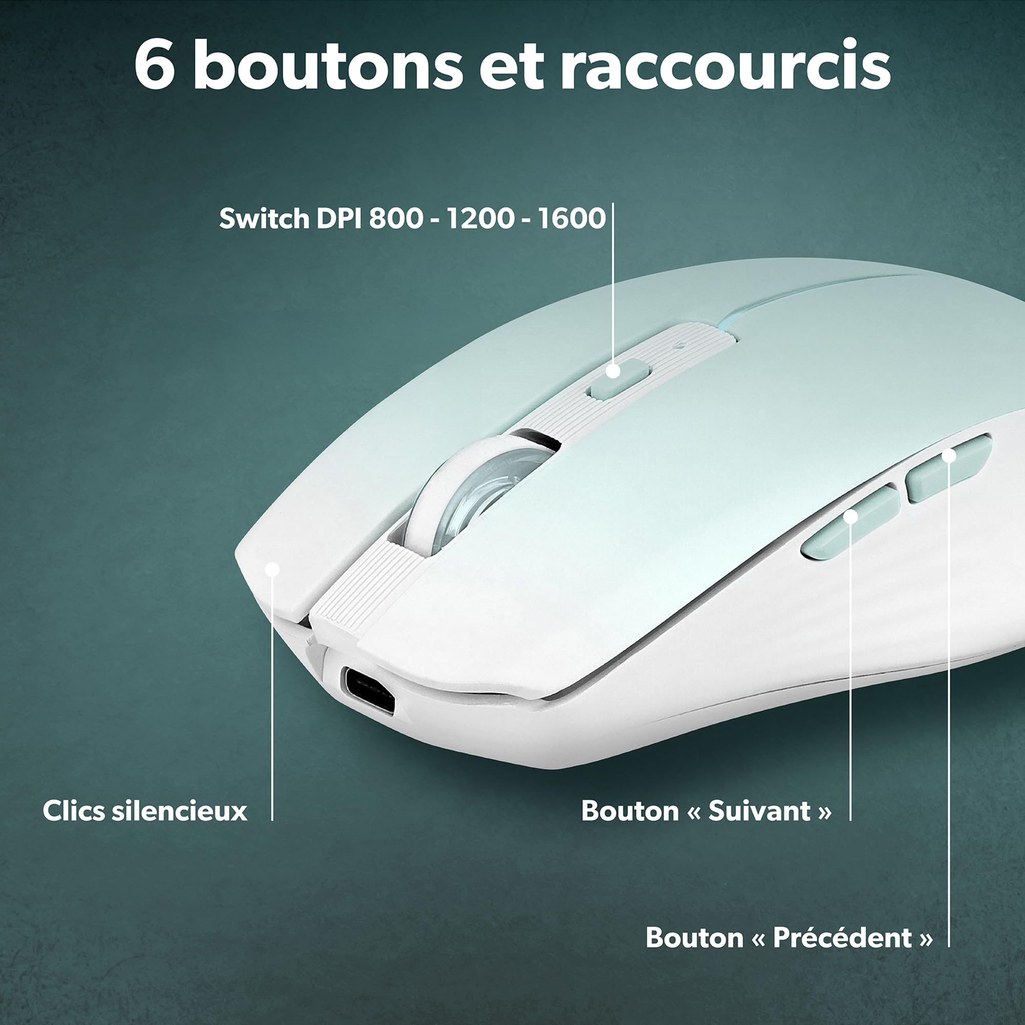 T'NB Modna kolorowa mysz bezprzewodowa, podwójny tryb Bluetooth i USB-A, możliwość ładowania o wysokiej autonomii, dokładność 1600 DPI, 6 przycisków - niebieska