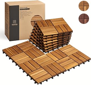 THYOI 10-Pack Acacia Wood Interlocking Deck Tiles 12x12 - Waterproof Outdoor Patio Balcony Flooring, Non-Slip All-Weather Indoor/Outdoor (Golden Teak, 10 Sq Ft)