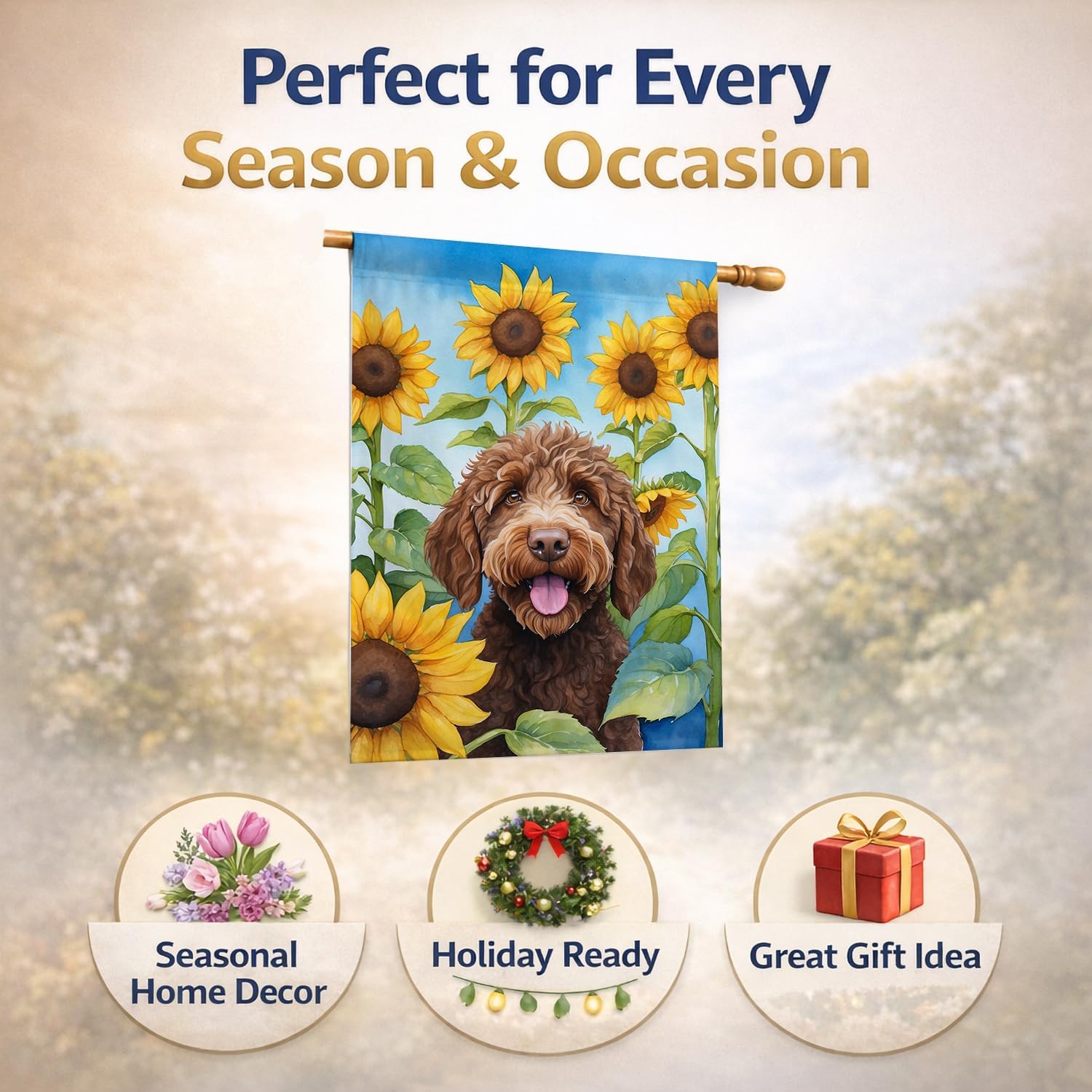 Caroline's Treasures DAC6112CHF Labradoodle in Sunflowers House Flag Large Porch Sleeve Pole Decorative Outside Yard Banner Artwork Wall Hanging, Polyester, House Size, Multicolor