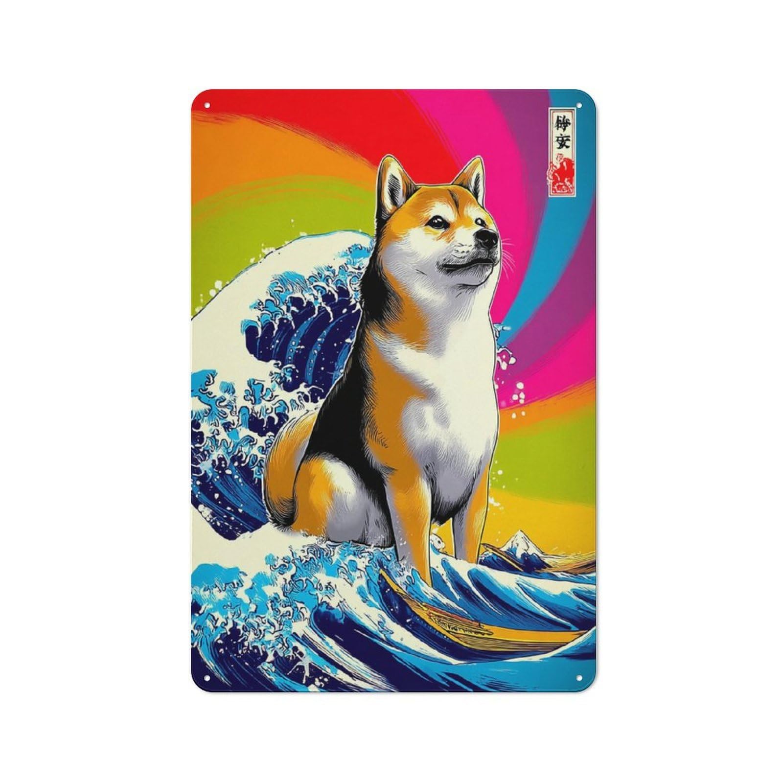 Retro Kitchen Metal Sign 30x20cm Featuring Shiba Inu Riding A Wave -1, Bistro Wall Plaque for Restaurant, Kitchen, Counter Or Breakfast Nook