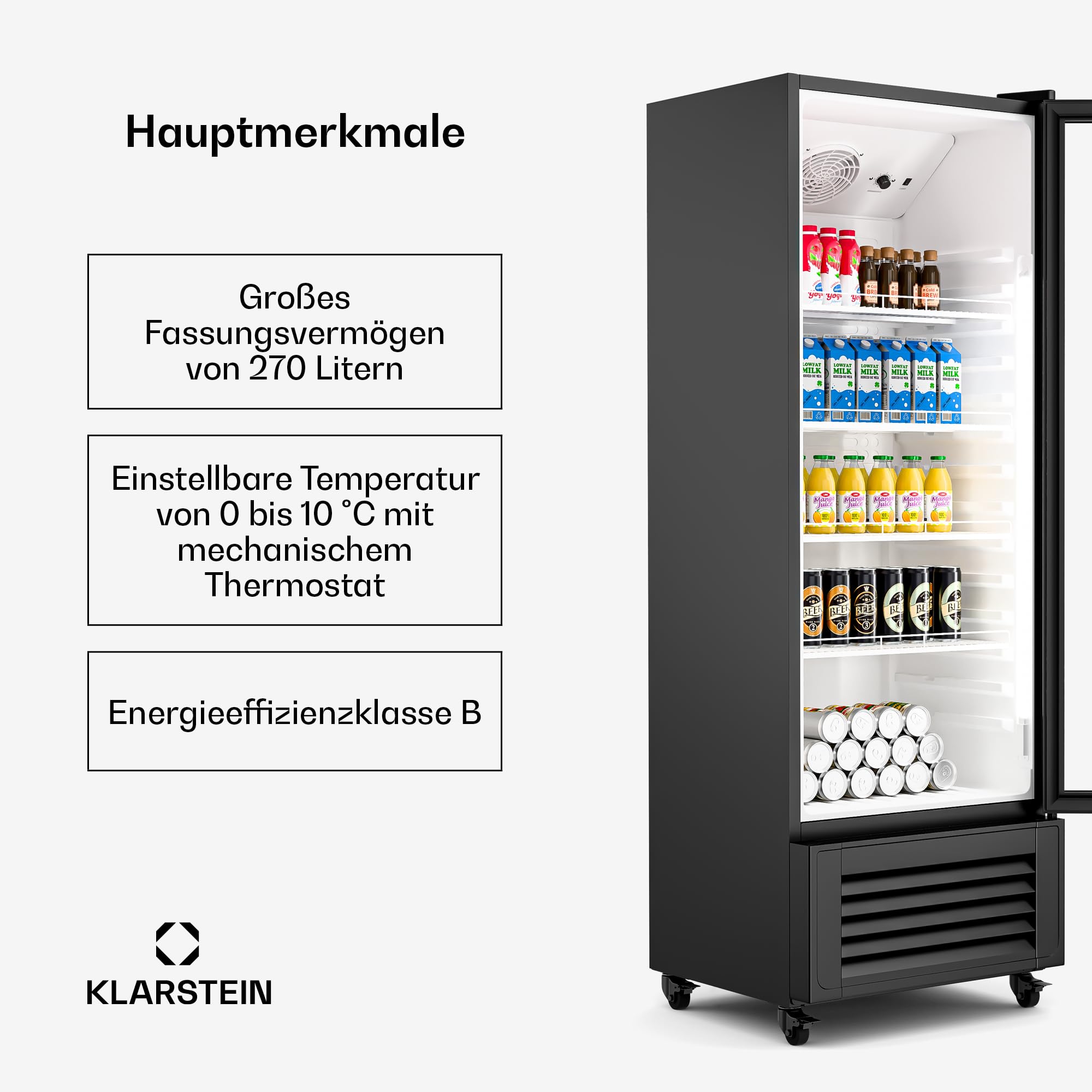 Klarstein GrandCooler 270L Getränkekühlschrank, Doppelt Verglaste Tür, LED-Beleuchtung, Mechanischer Thermostat, 0-10°C, 4 Räder, Energieklasse B