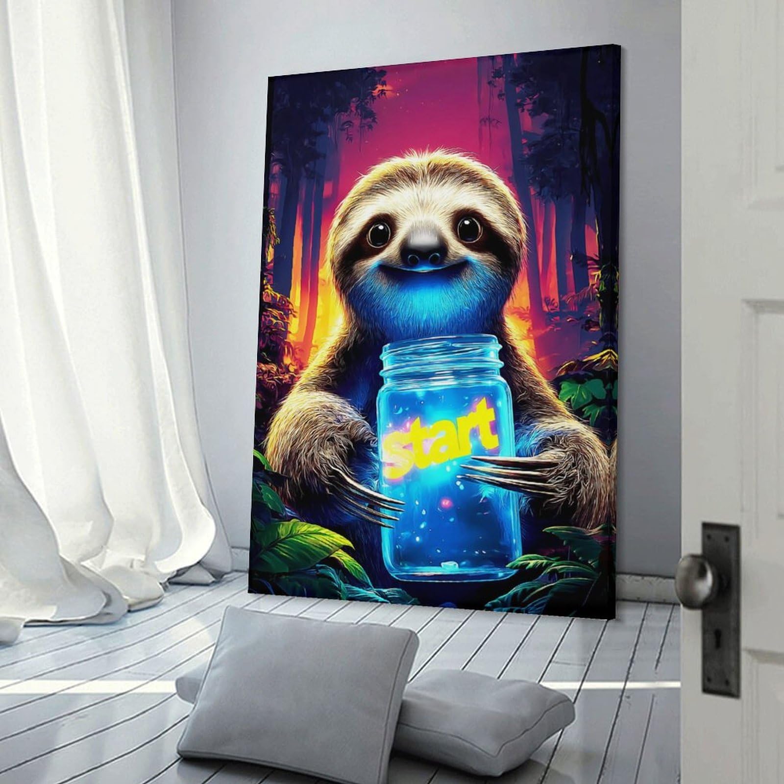Junmoney Frame-Sloth Holding 'Start' Jar In Forest Sloth Holding 'Start' Jar In Forest Wall Art Print 24X36inch(60X90cm), For Picture Wall Styling In Lounge Or Bedroom, A Versatile Canvas Print For Layering