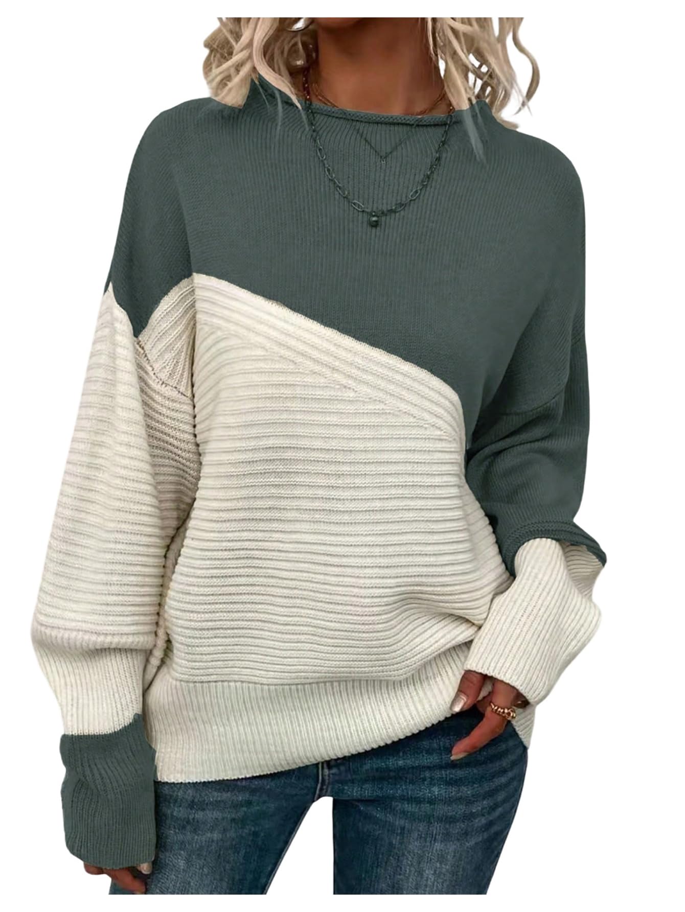 Womens Color Block Pullover Sweaters Crewneck Long Sleeve Jumper Tops Knitted Fall Outfits