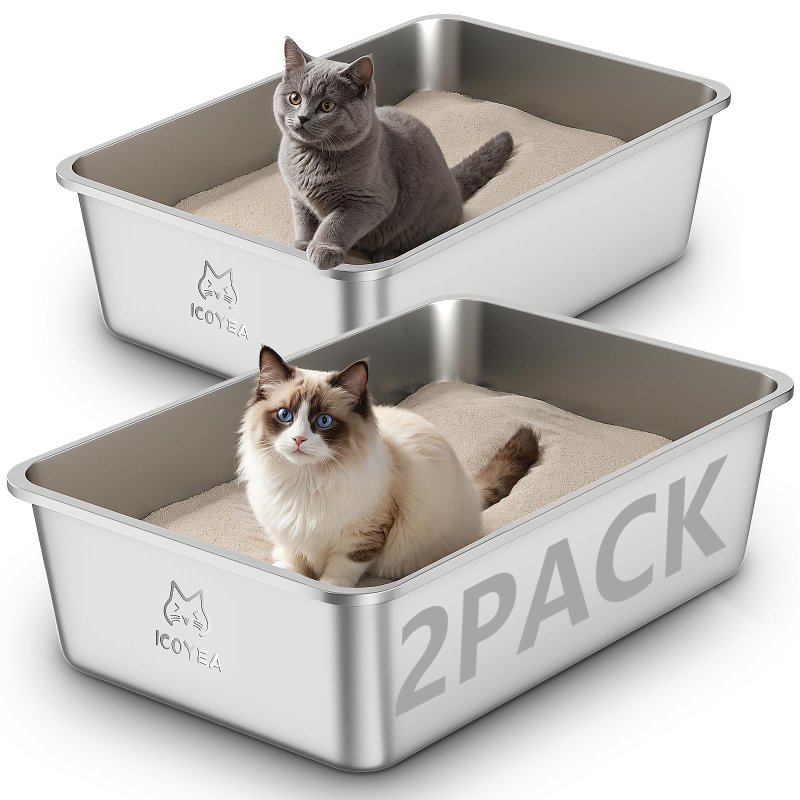 2-Pack Stainless Steel Cat Litter Tray, Cat Litter Box for Large and Small Cats, High Sided Metal Litter Tray, Cats Toilet for Kitten Rabbit and Guinea Pig, Non-Stick (2PCS, 23.4"L×15.6"W×7.8"H)