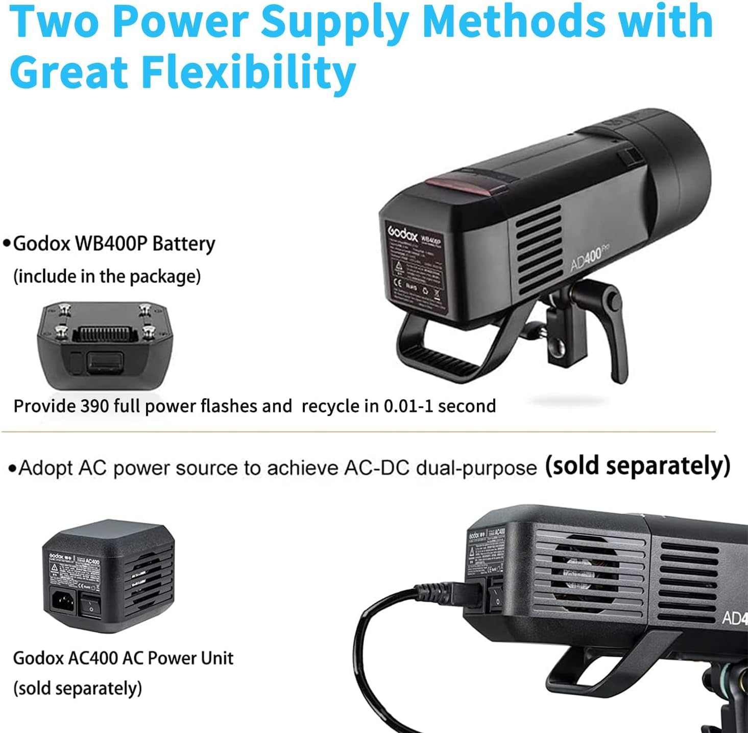 Godox AD400Pro All-in-One Flash Strobe al aire libre, 400W 2.4G TTL Speedlite portátil con batería y AC / DC alimentado con Bowens y Godox