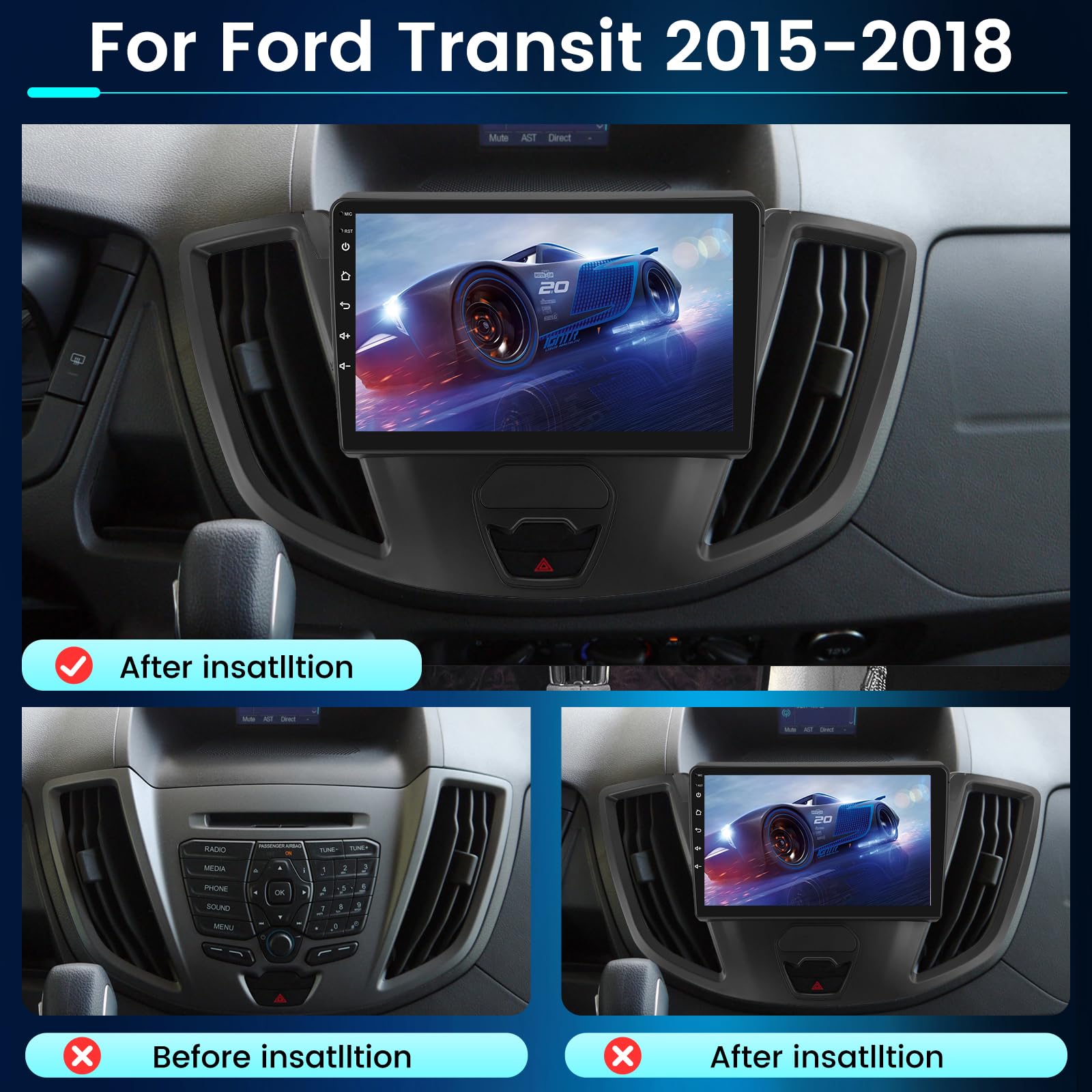 NHOPEEW 4+64G Radio Voiture pour Ford Transit 2015-2018 - Radio Android 9 Pouces avec sans Fil Carplay et Android Auto - Mirror Link 32EQ DSP Écran Divisé + Caméra de Recul & Microphone