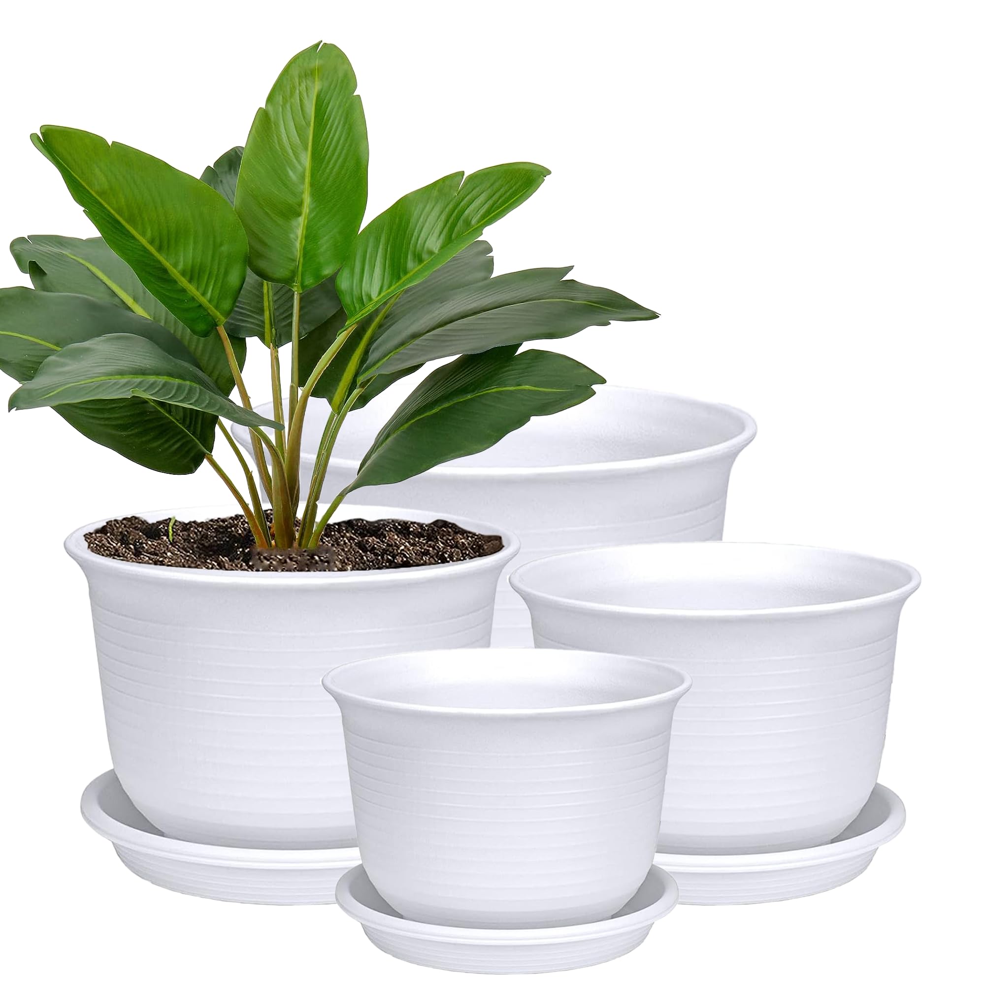 Photo 1 of ACGEFIR Plant Pots 12/10/9/8 Inch, Plastic Planter Flower Pot Indoor with Drainage Holes and Saucers for Plants, Flowers, Succulents and Cactus, White