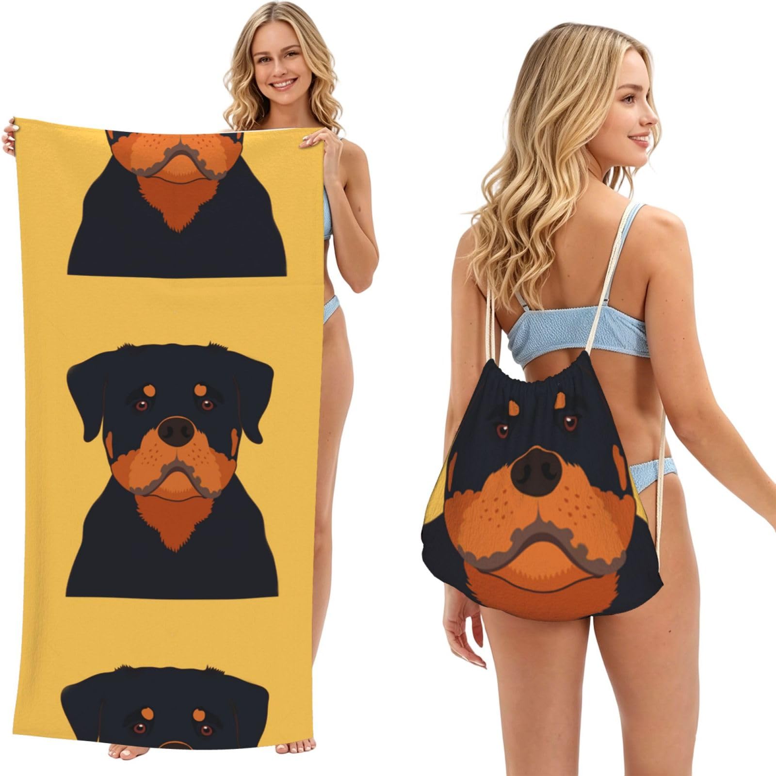 Poadnly As Picture Rottweiler Dog, 2 In 1 Packable Towel Bag, Beach Towels With Drawstring Backpack For Travel Holiday Camping