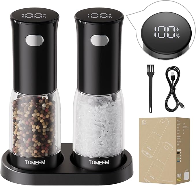 TOMEEM Electric Salt and Pepper Grinder Set – Rechargeable with LED Power Indicator, 5-Level Adjustable Grinding, LED Light, 4.5oz Large Capacity Salt and Pepper Shakers with Storage Base