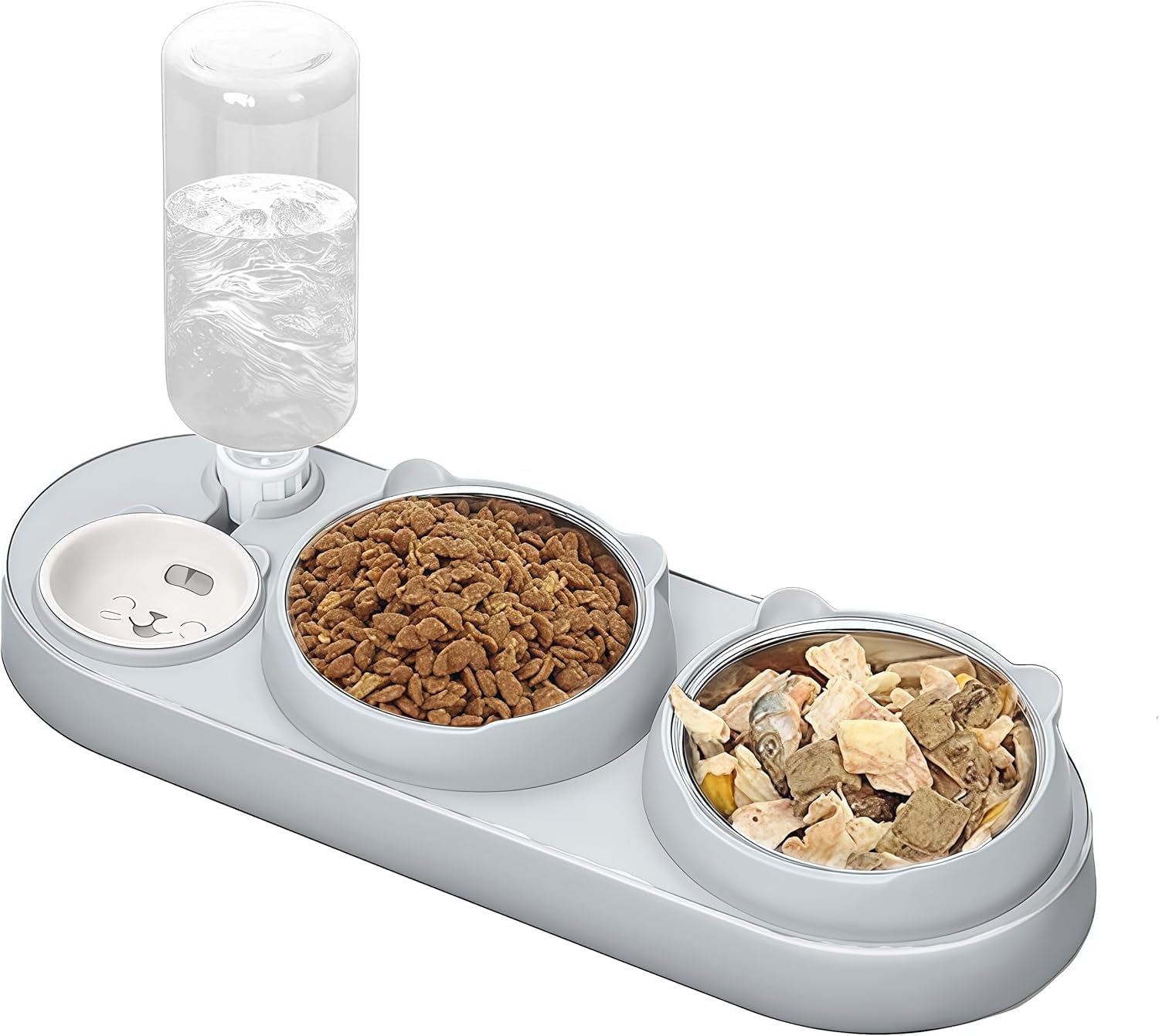 Marchul 3 in 1 Cat Bowl, Cat Food and Water Bowl Set with Water Dispenser and Stainless Steel Bowls, 15° Tilted Pet Raised Three Bowls for Indoor Cats, Small or Medium Sized Dogs,Gray