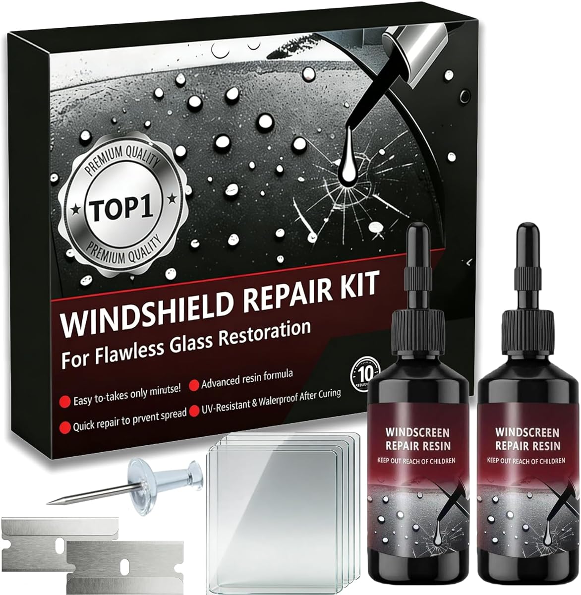 Windshield Repair Kit,Glass Crack Repair Kit,Nano Glass Repair Liquid, Quick Windshield Repair for Chips and Cracks,All Crack Types Windshield Repair Kit,Bulls-Eye and Star-Shaped Crack（2 Bottles）