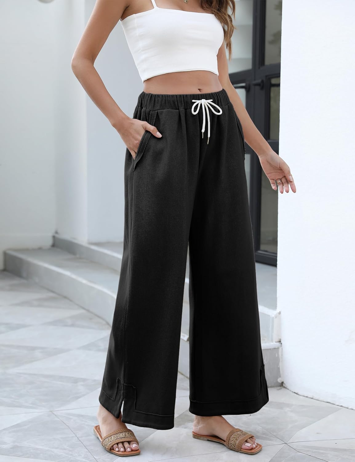 Springrain Womens Baggy Wide Leg Pants Casual Loose Cotton Drawstring Elastic Waisted Palazzo Pants with Pockets - Image 2
