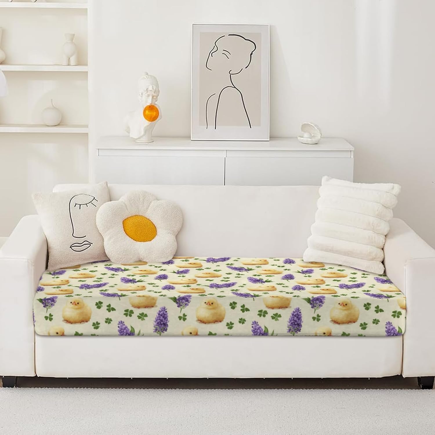 Cute Lucky Clover Chicks Loveseat Covers Couch Covers for 2 Cushion Couch, 2-Piece Stretch Sofa Slipcovers Anti-Slip Washable Furniture Protectors for Dogs Pets