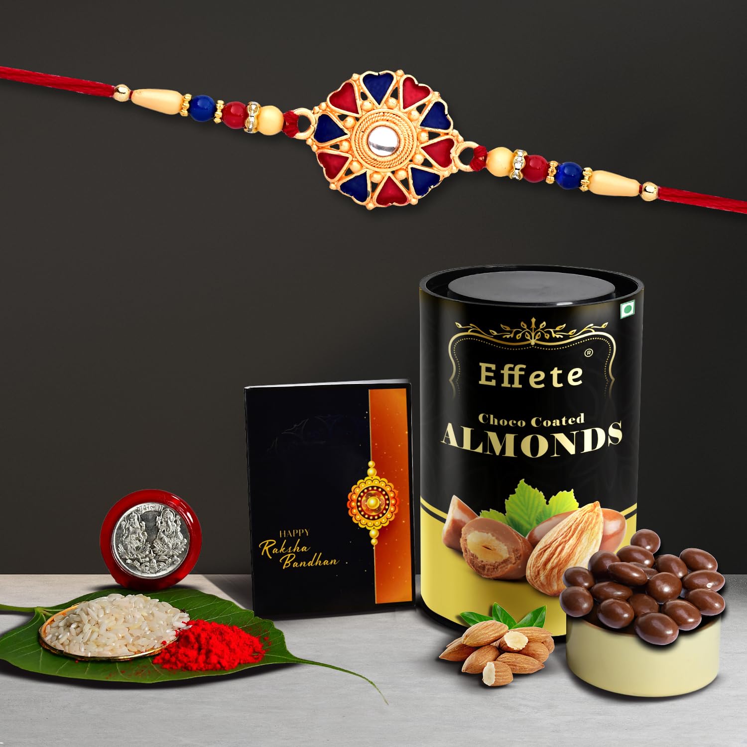 DeoDap (K1_536_CA) Multicolor Hearts Diamond Colorful Beads Rakhi Combo with Effete Chocolate Almonds 96gm, Silver Color Pooja Coin, Roli Chawal & Greeting Card| stylish rakhi for brother | Rakhi & Chocolate for brother | rakhi brother | rakhi with g (B0B53MN5HN) Amazon Price History, Amazon Price Tracker