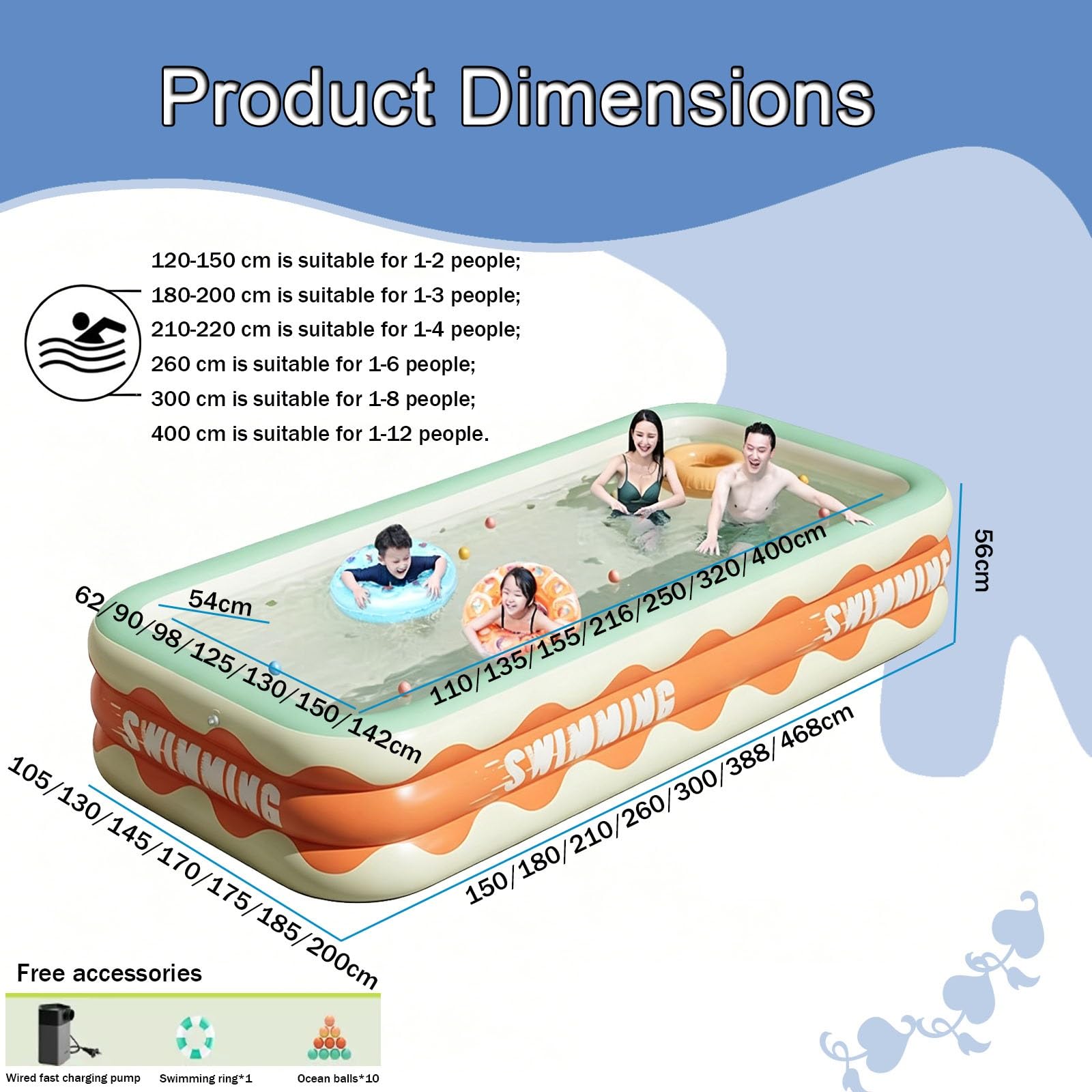 Piscine Gonflable Piscine Rectangulaire en PVC Épais pour Toute La Famille Usage Intérieur Et Extérieur(180 * 130 * 56cm)