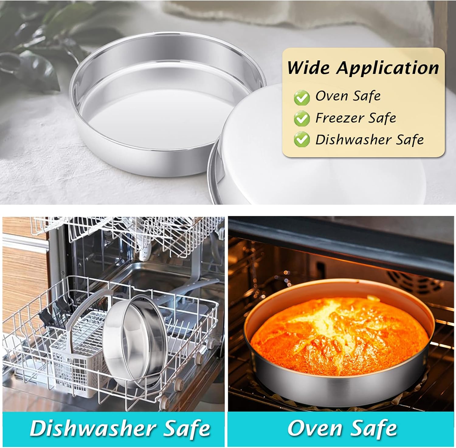 P&P CHEF 9.5 Inch Cake Pan Set of 2, Stainless Steel Round Baking Layer Cake Pans, Non Toxic & Healthy, Leak-proof & Easy Clean, Mirror Finish & Easy Releasing, Oven & Dishwasher Safe - Image 7