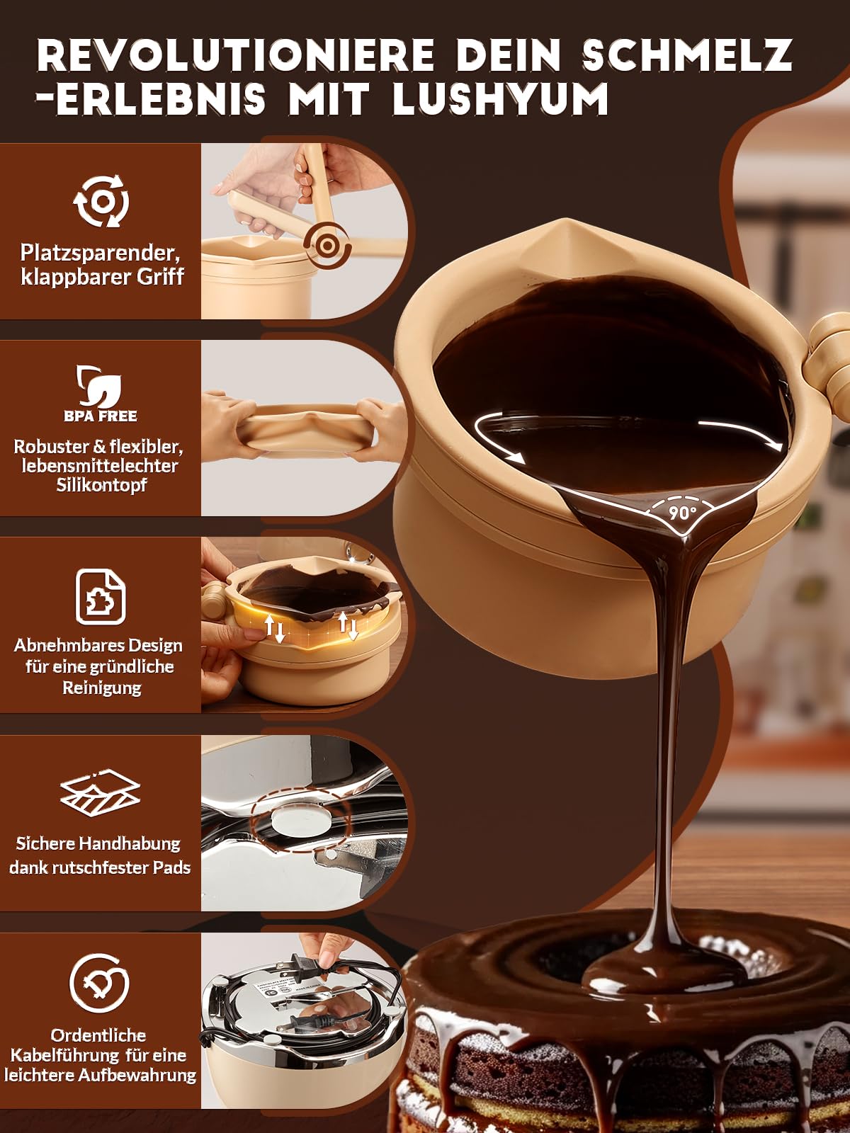 LUSHYUM Schokoladenschmelztopf Candy Melts Schmelzgerät mit 2 Einsatztöpfen, 4 Tassen Kapazität Wärmer Maschine Schokoladentöpfe, ideales Dip-Werkzeug, Geschenk für die Herstellung von Cake-Pop-Set