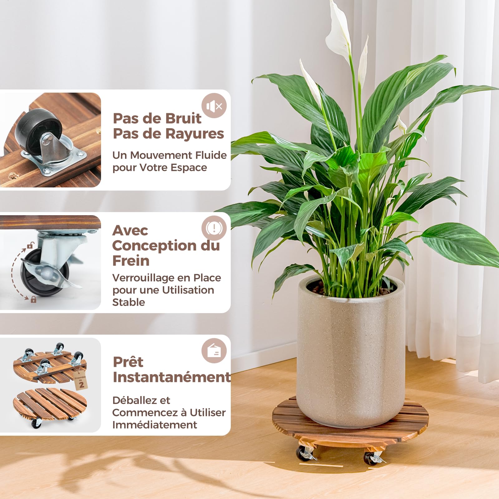 Bamworld Porte Plante à Roulettes, Lot de 2 Plateaux Roulants 30,5 cm, Capacité 100 KG, Marron Foncé