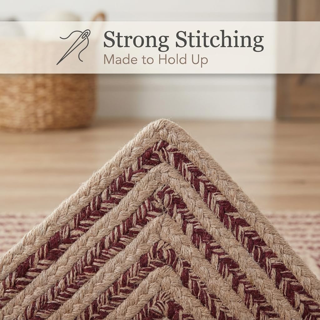 Cotton Braided Rug - 20" X 30" Beige and Burgundy Rectangle Woven Farmhouse Rug for Bathroom - Braided Minimalist Rugs for Kitchen - Rustic Primitive Rugs for Entryway