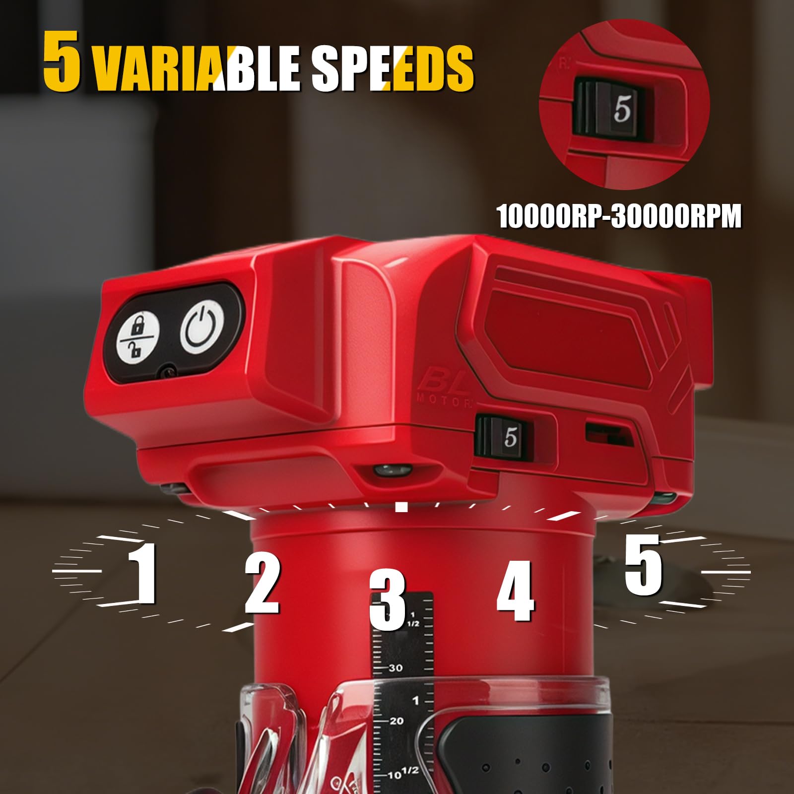 Router cordless compatibile con batteria Milwaukee M 18 V (senza batteria), decespugliatore per legno senza spazzole da 800 W con 10000-30000 giri/min a 5 velocità, guida dritta e 15 punte di