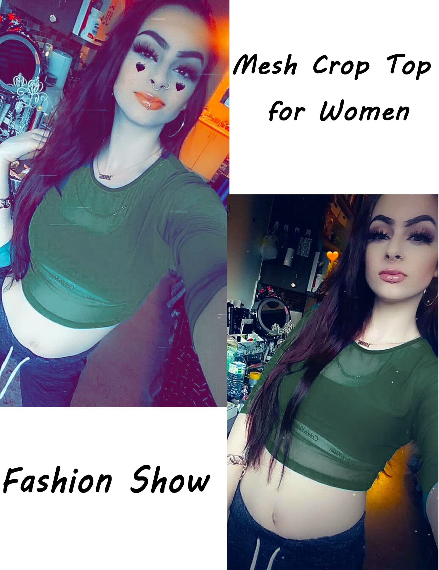 ADOME Mesh Crop Top Sheer Tops for Women See Through Shirt Long Sleeve Basic Crop Top S-4XL