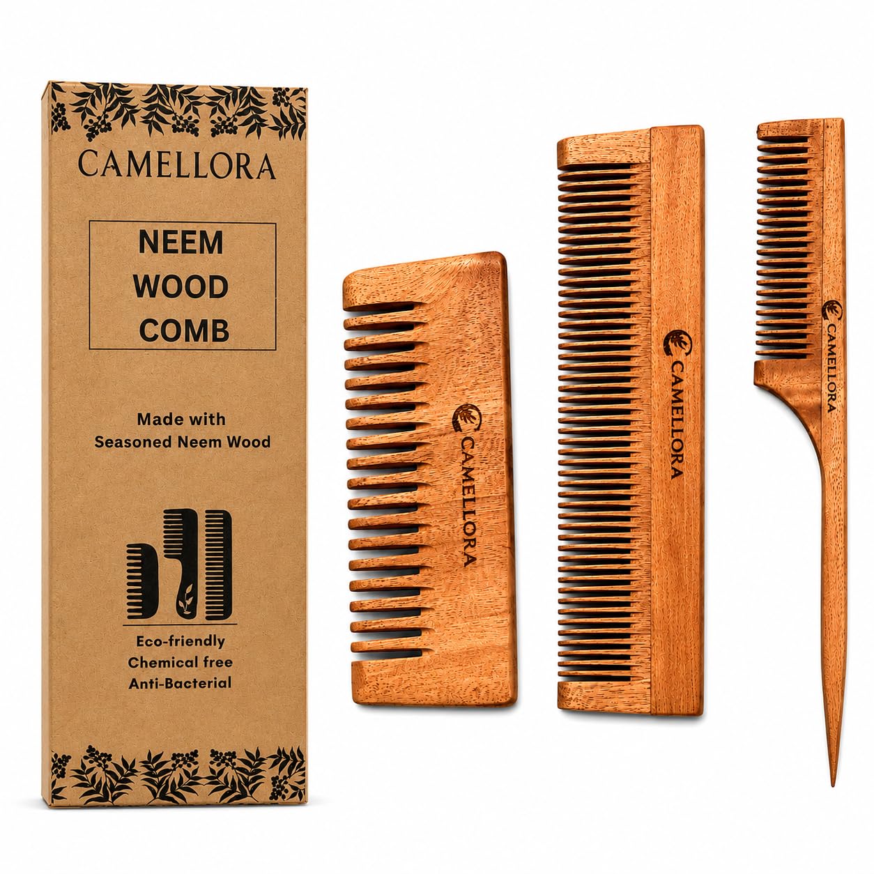 Neem Wood Comb Set of 3 | Wide Tooth, Fine Tooth & Tail Comb | Natural Wooden Hair Comb for Men & Women | Anti-Static, Smooth Detangling & Chemical-Free-image-0