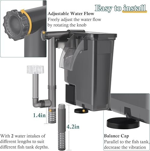 Vista 6 de Filtro de acuario para colgar de 5 W: filtro ultra silencioso para tanque de peces de 124 GPH con esponja de filtro y carbón activado, filtro
