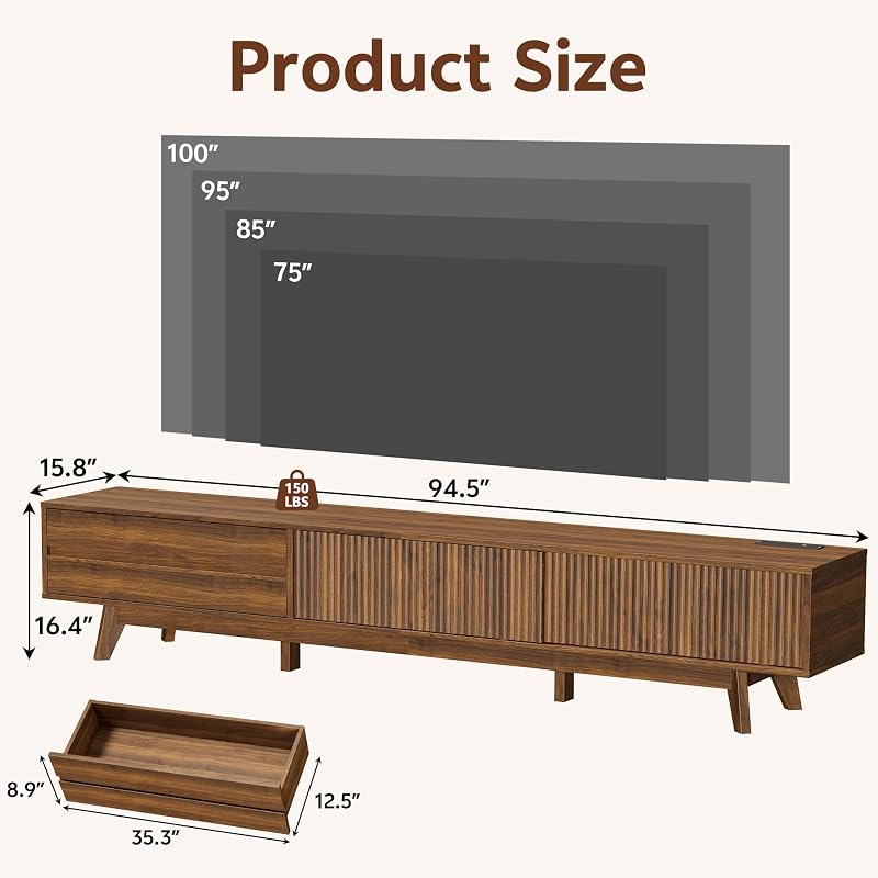 94" Fluted TV Stand with Power Outlet, Living Room TV Stand Walnut image 2
