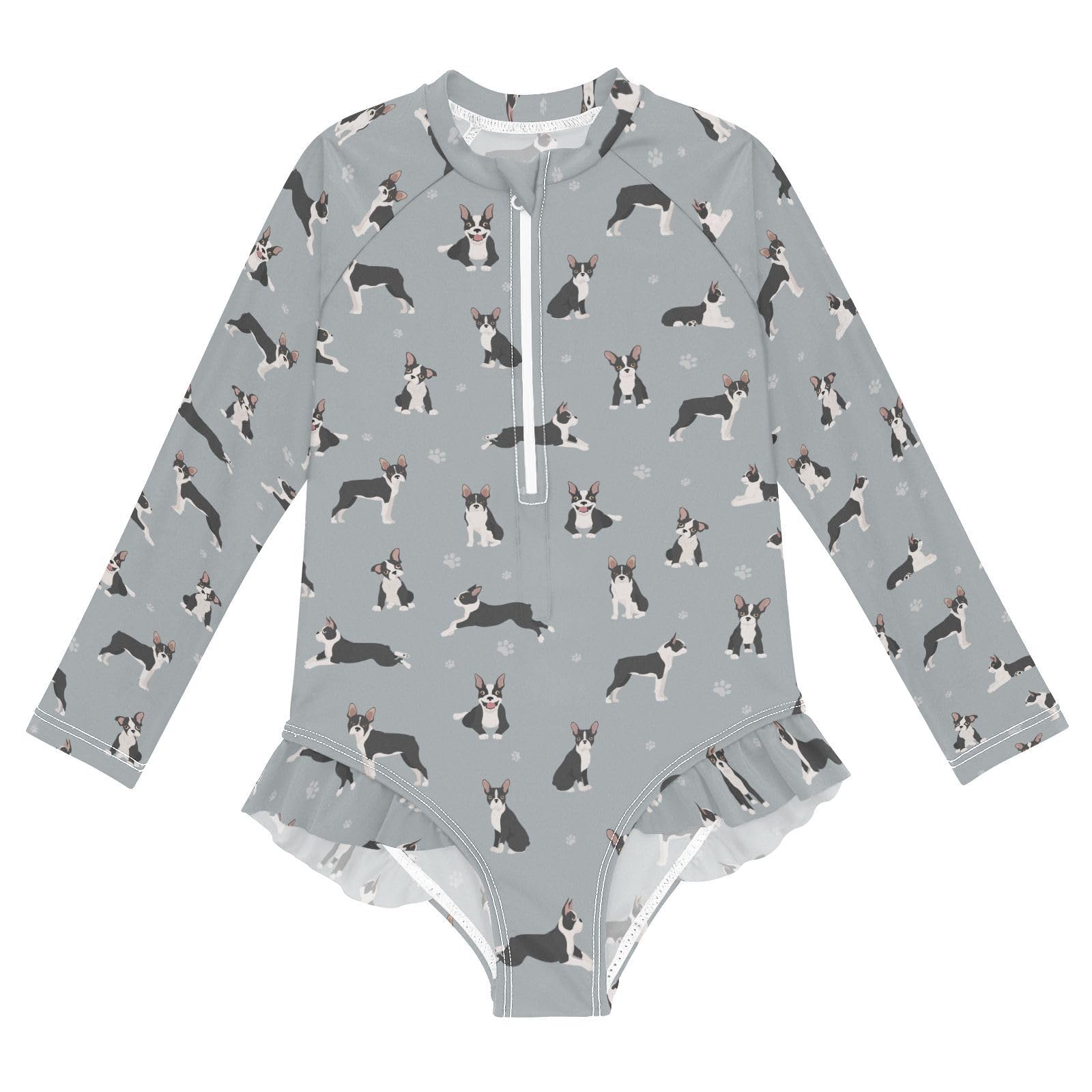 JHKKU Girls Long Sleeve Boston Terrier Dog Swimsuit One Piece Zipper Rash Guard Bathing Suit with UPF 50+ Sun Protection Ruffle Swimwear 4T