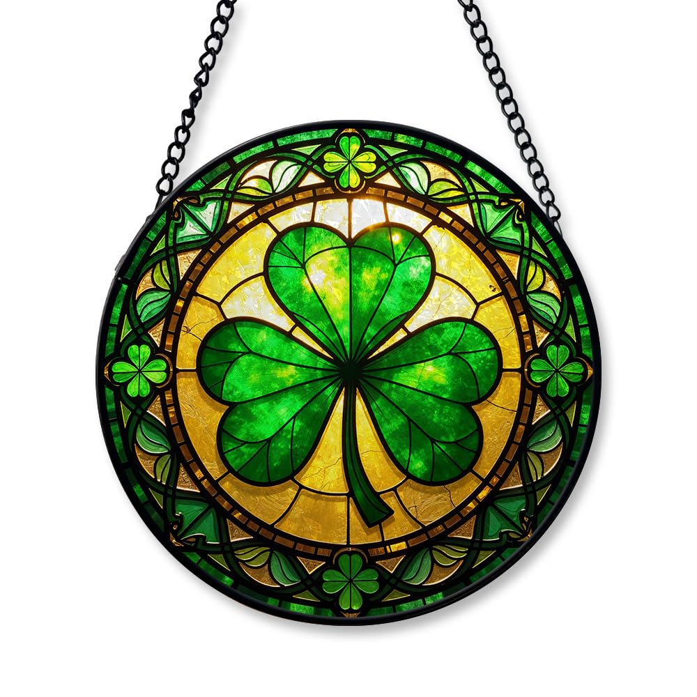 THUYPT St Patrick's Day Stained Glass Window Home Hanging Decor, Irish Shamrock Celtic Round Stained Glass Window Hanging, Irish Suncatcher