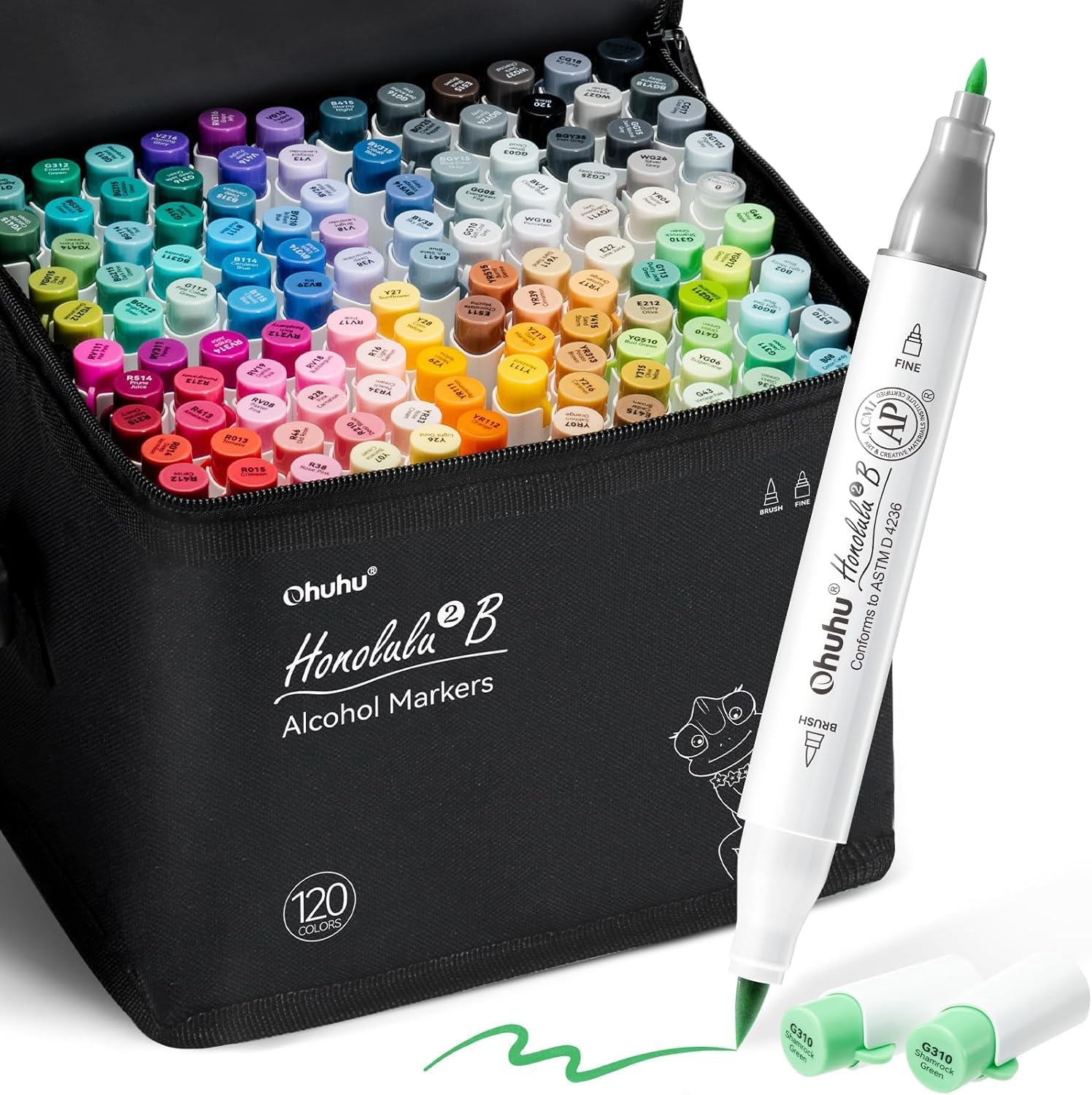 Ohuhu Alcohol Markers Brush Tip - 120-color AP Certificated Double Tipped Art Marker Set for Artist Adults Cozy Coloring Drawing Illustration - Brush and Fine Dual Tips - Honolulu 2B - Refillable