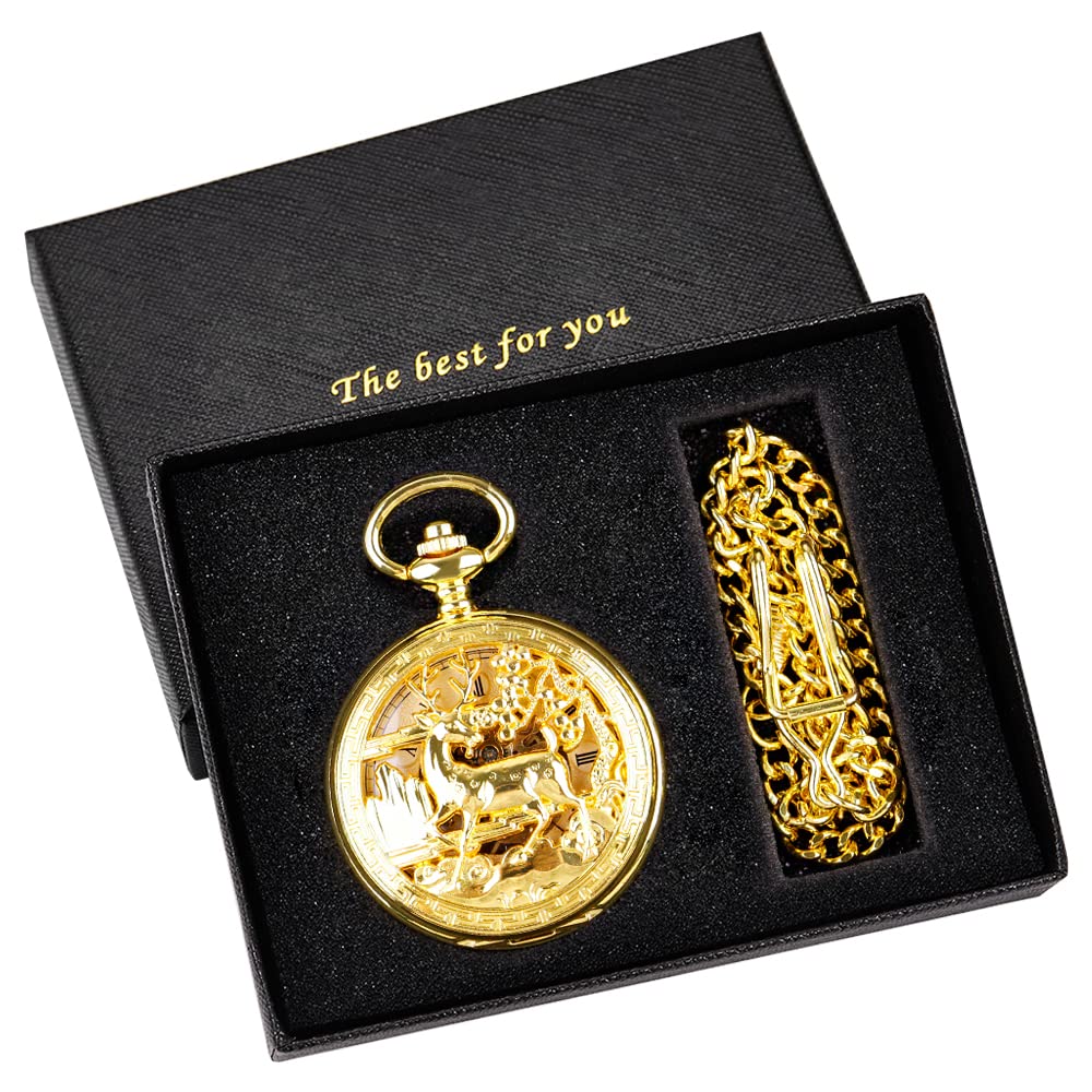 Whodoit Double Open Mechanical Pocket Watch Golden Deer Skeleton Case, Roman Numerals Mechanical Pocket Watch for Men