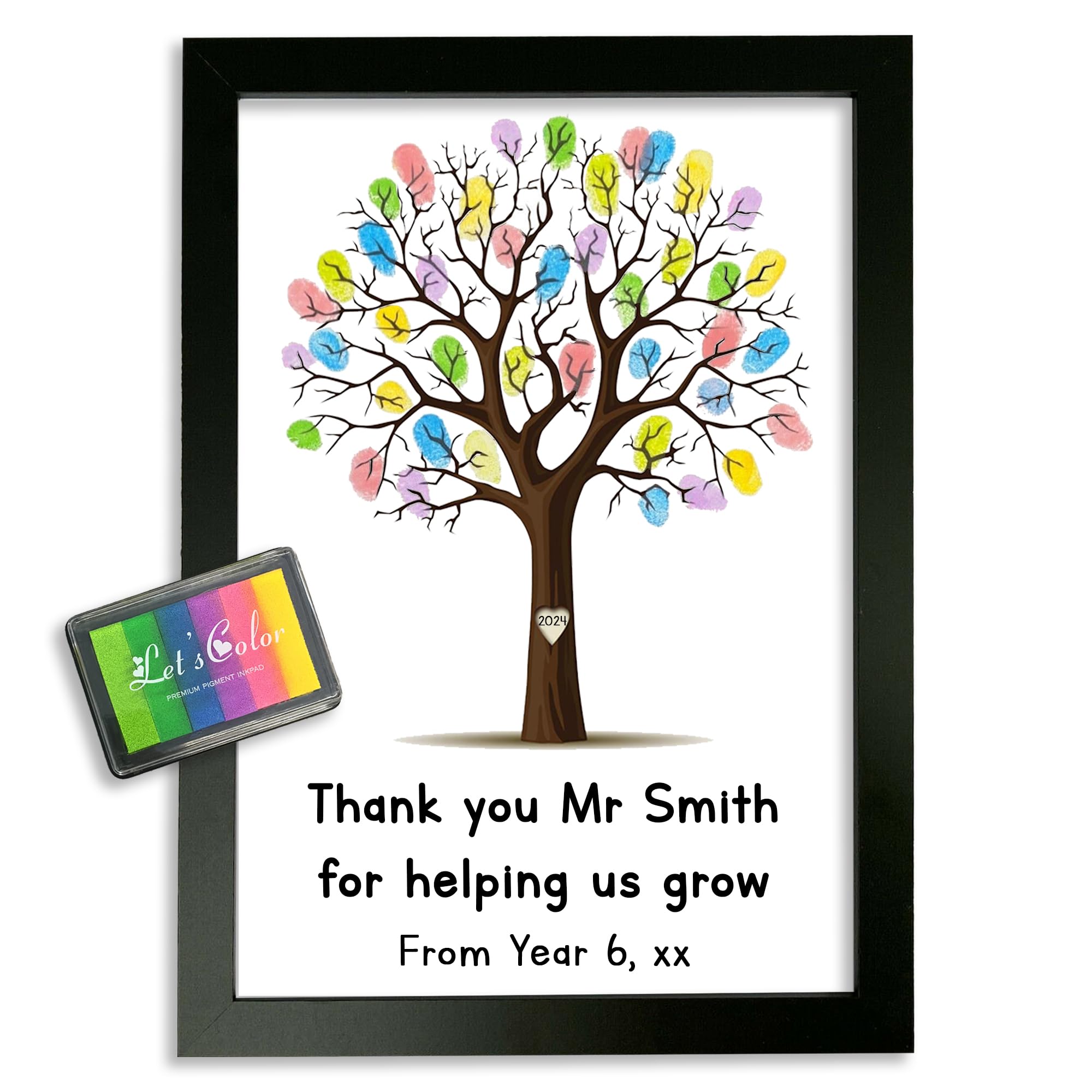 Fuzzy Cactus Personalised Teacher Thank You For Helping Us Grow Finger Print Tree - A4 Print, Ink Pad & Frame - Add Teacher Name & Class! (Muticoloured Ink Pad, Print with Frame)