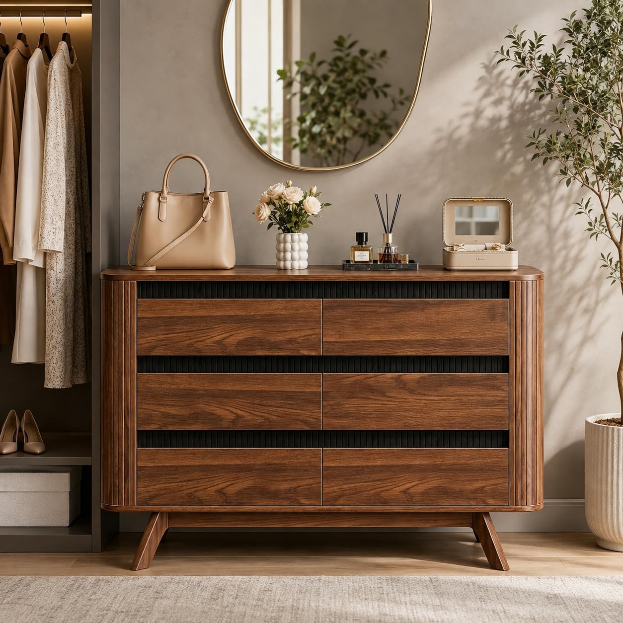 Dresser with 6 Drawer for Bedroom Walnut