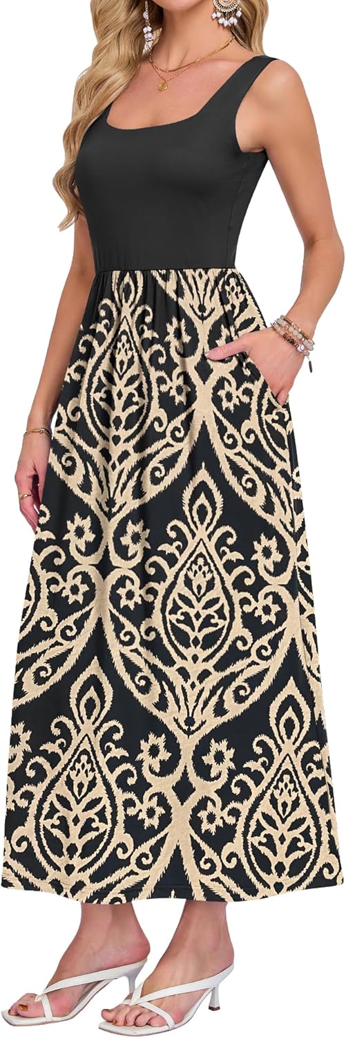 AUSELILY Women's Square Neck Maxi Dress Sleeveless Floral Loose Long Dresses with Pockets - Image 2