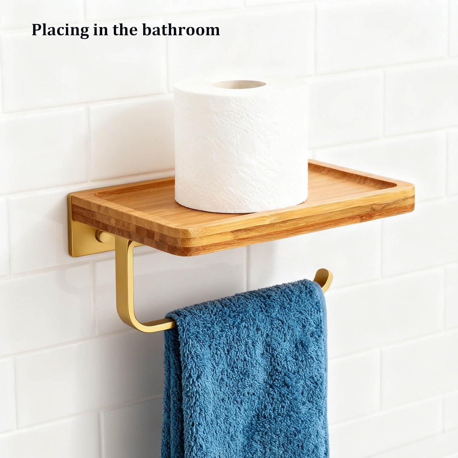 Paper Towel Holder with Shelf, Gold Paper Towel Holder Wall Mount with Shelf Industrial Paper Towel Holder for Bathroom with Wood Board Bathroom Accessories, default