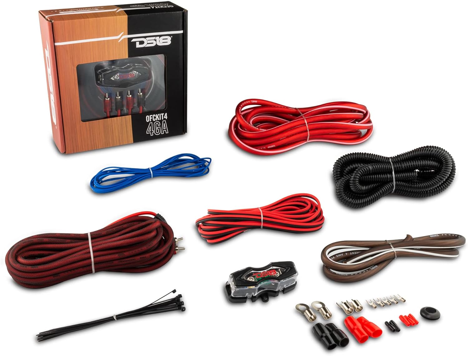DS18 OFCKIT4 Ultra Flex Advance 4 Gauge Complete Amplifier Installation Wiring Kit 4GA with Fuse Holder and 100 Amp Fuse - Up to 1800 Watts, OFC 100% Cooper