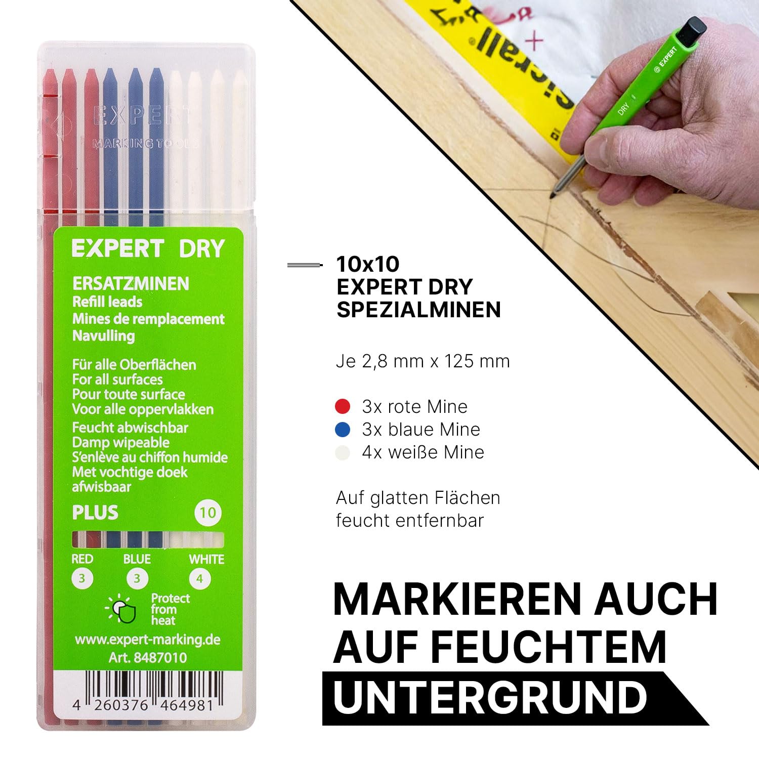 EXPERT Juego de minas Dry Plus Pro Pack | Versátil para vidrio, madera, metal y más | Se puede quitar la humedad | colores: rojo, azul, blanco | 10 x 10 minas especiales | ideal para manualidades y