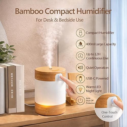 Miniatura 7 de Mini humidificador ultrasónico de bambú, humidificador de escritorio silencioso de 14.1 onzas líquidas con luz nocturna LED dual, alimentado por