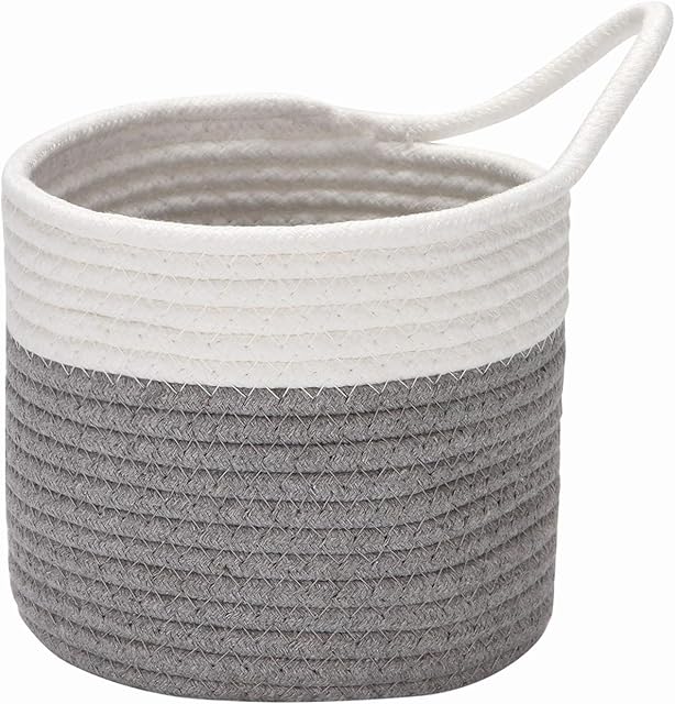 Sea Team Hanging Cotton Rope Baskets, 6.7 Inches Small Woven Storage Basket, Bike Hang Bag, Fabric Planter, Pot, Wall, Door Organizer for Keys, Wallets, Sunglasses, (Grey & White)