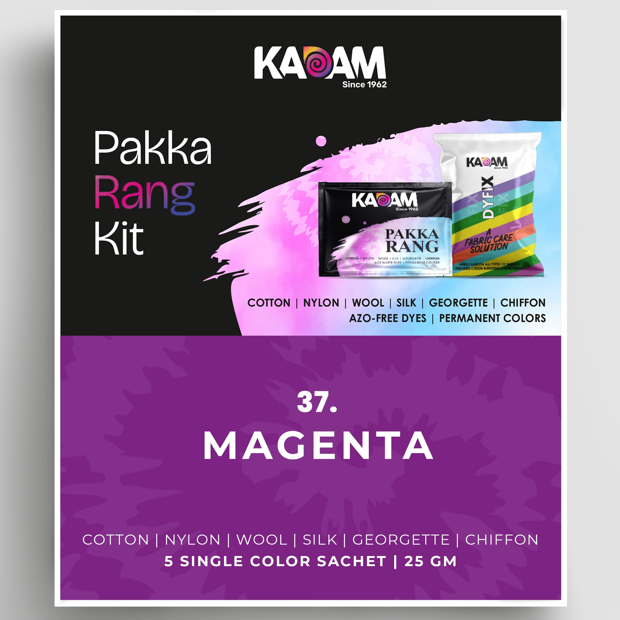 Kadam Pakka Rang Fabric Dye Colour | Magenta | 25g Pack | Includes DyFix Color Fixer | Permanent Fabric Dyes for Old Faded Jeans and Clothes