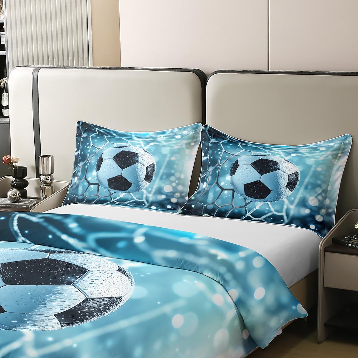 Homewish Piłka nożna 100% bawełniana poszewka na kołdrę podwójne boisko do piłki nożnej zestaw pościeli dla dzieci chłopców mężczyzn bramka w kropki jasnobiała jasnoniebieska poszewka na kołdrę miękka