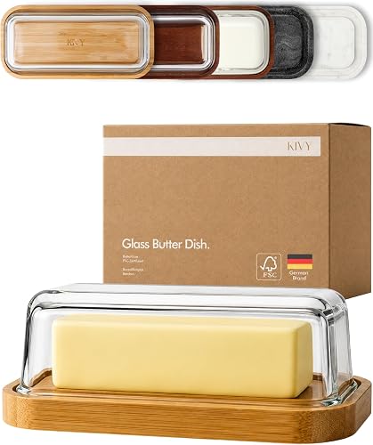 KIVY Glass butter dish with airtight lid that keeps butter soft - Bamboo | For countertop and refrigerator door shelf - Butter dish glass - Butter holder for counter - Covered butter dishes