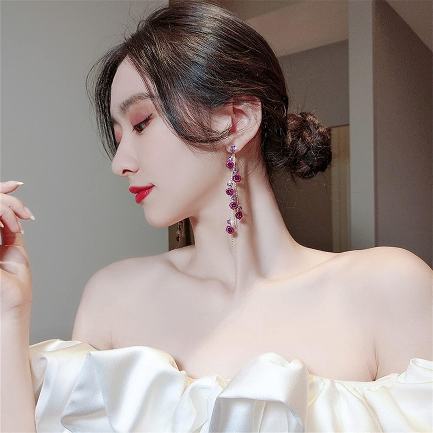 Elegant Chic Long Shine Tassel Chain Red Purple Rose Flower Dangle Drop Stud Earrings with White Sparkly Crystal for Women Statement Jewelry Gifts - Image 6