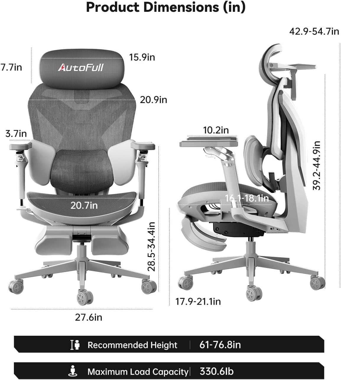 AutoFull G7 Ergonomic Office Chair dimensions diagram